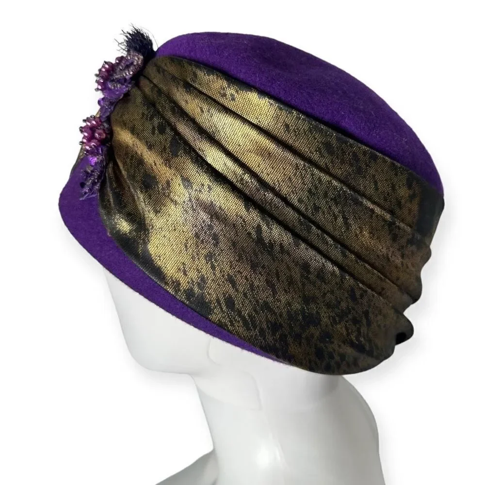 Vintage Purple Wool Pillbox Hat Rhinestones Satin Wrap 1960s Jackie O Aesthetic - Picture 3 of 10